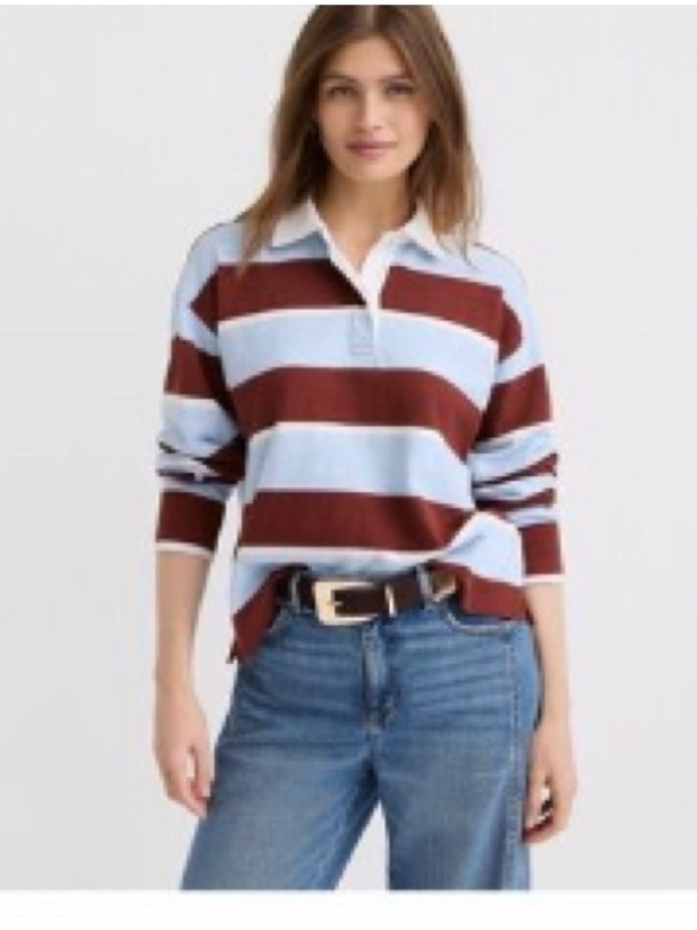 LOFT Blue & Burgundy Striped Long Sleeve Rugby Top - S